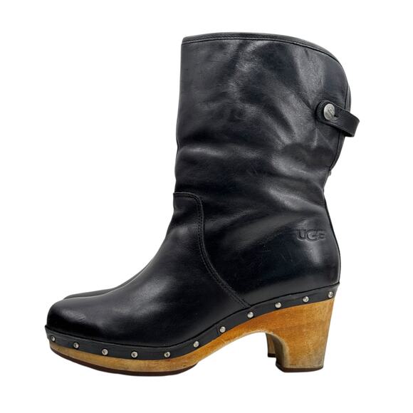 UGG Lynnea Shearling Lined Boot SZ 7 Women's Wood Clog Cuff Leather Pull On - Picture 4 of 16